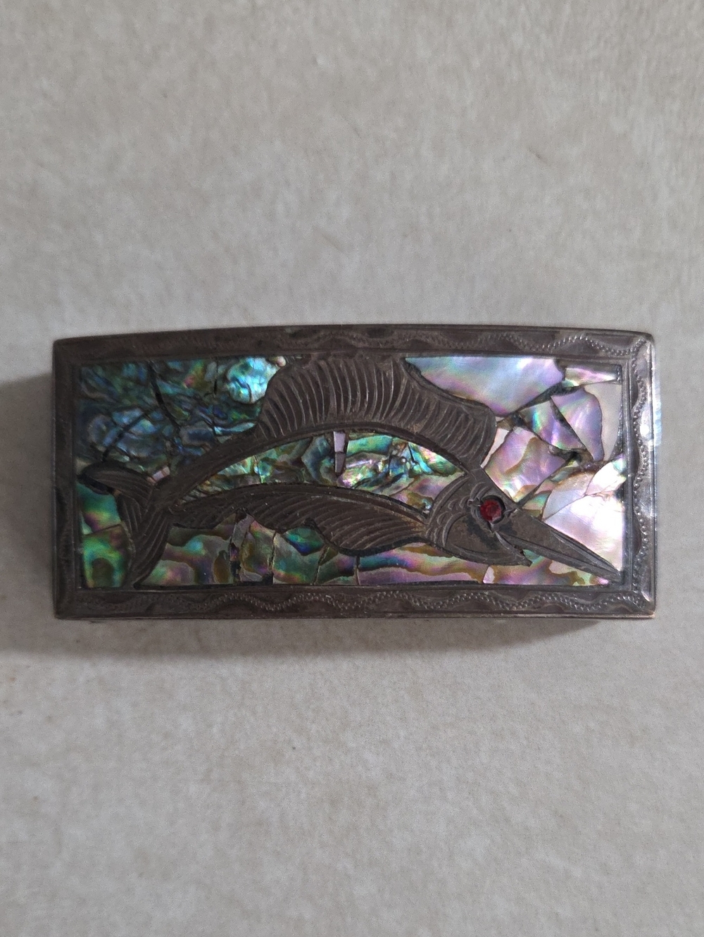 Vtg Mid-Century Mexican .925 Sterling Silver Marlin Abalone Mosaic Belt Buckle